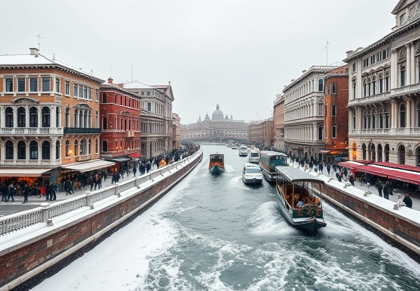 Representação visual de A Venezia la regata delle Befane sfida neve e vento. Una maxi calza appesa sul ponte di Rialto